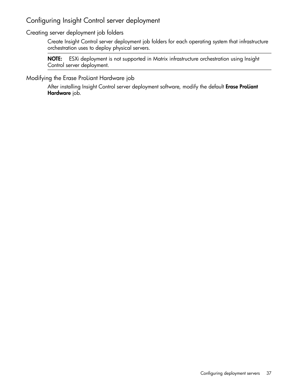 Configuring insight control server deployment, Creating server deployment job folders, Modifying the erase proliant hardware job | HP Matrix Operating Environment Software User Manual | Page 37 / 264