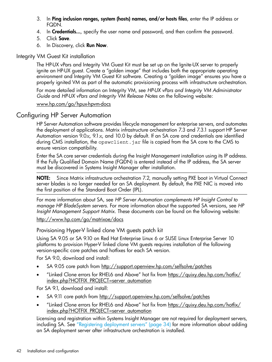 Integrity vm guest kit installation, Configuring hp server automation | HP Matrix Operating Environment Software User Manual | Page 42 / 264