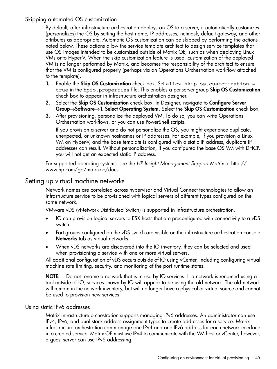 Skipping automated os customization, Setting up virtual machine networks, Using static ipv6 addresses | HP Matrix Operating Environment Software User Manual | Page 45 / 264