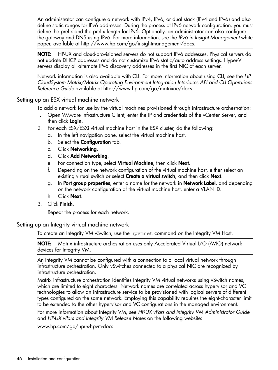 Setting up an esx virtual machine network, Setting up an integrity virtual machine network | HP Matrix Operating Environment Software User Manual | Page 46 / 264