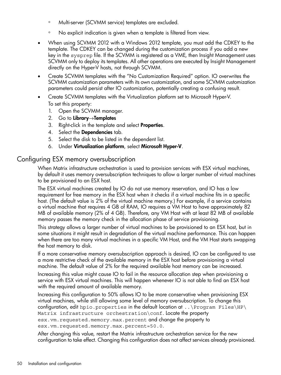 Configuring esx memory oversubscription | HP Matrix Operating Environment Software User Manual | Page 50 / 264