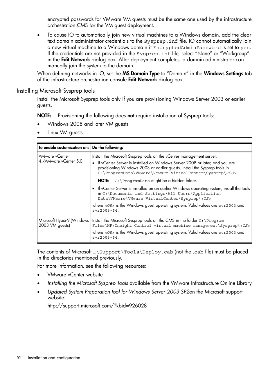 Installing microsoft sysprep tools | HP Matrix Operating Environment Software User Manual | Page 52 / 264