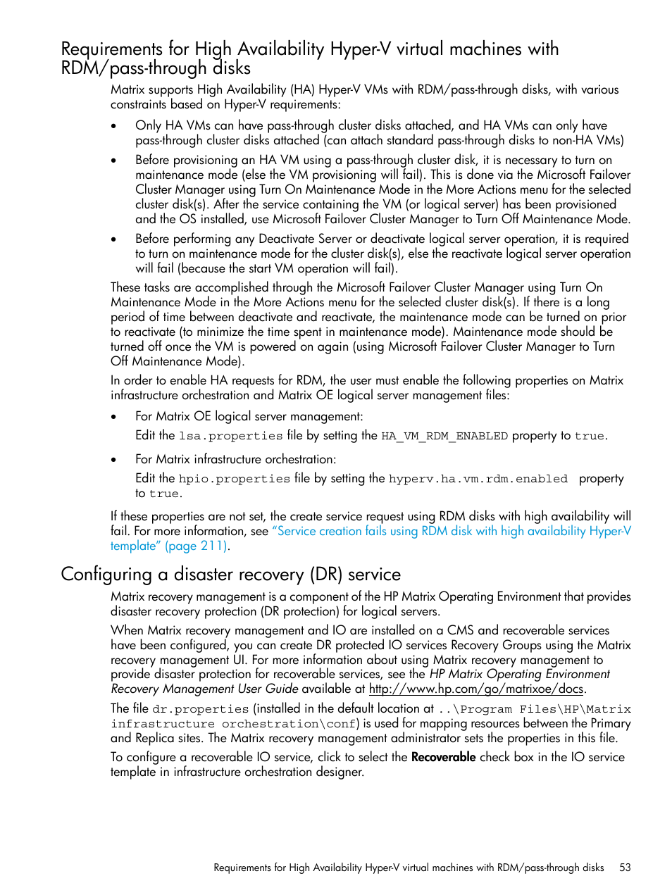 Configuring a disaster recovery (dr) service | HP Matrix Operating Environment Software User Manual | Page 53 / 264