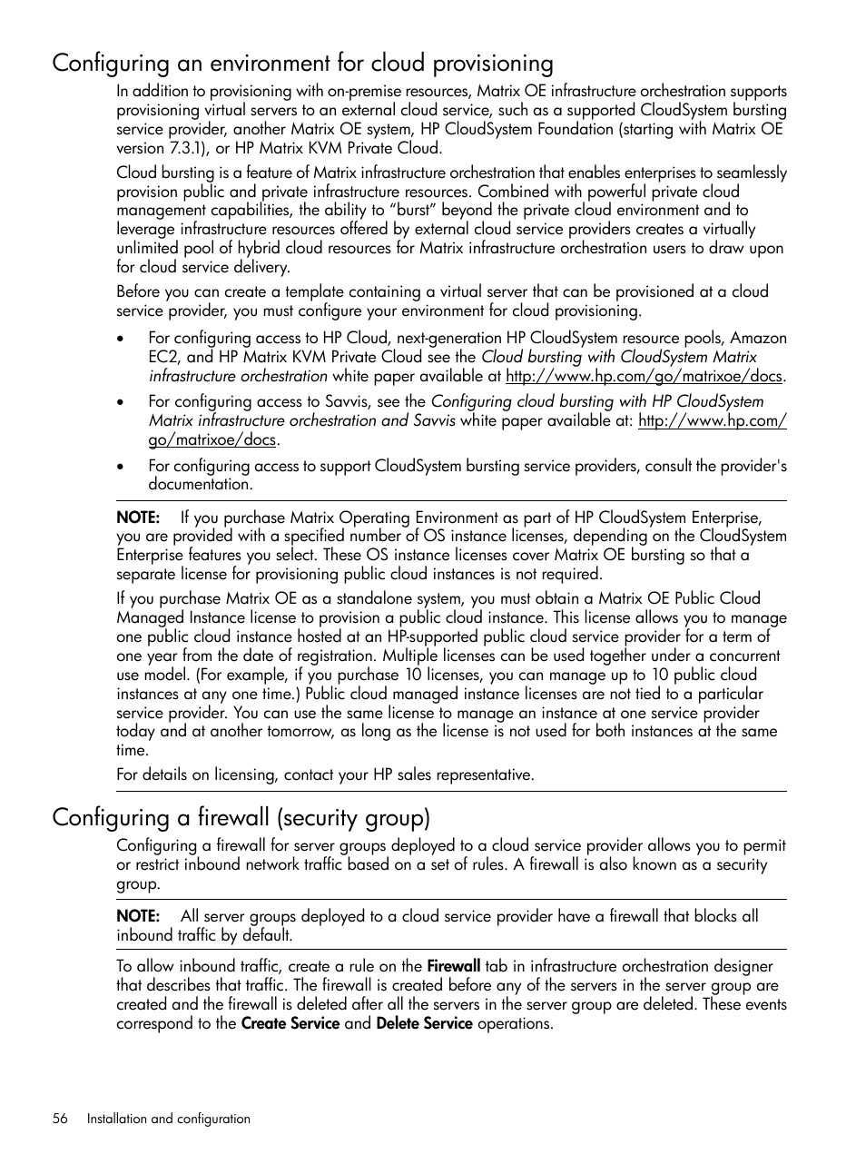 Configuring an environment for cloud provisioning, Configuring a firewall (security group) | HP Matrix Operating Environment Software User Manual | Page 56 / 264