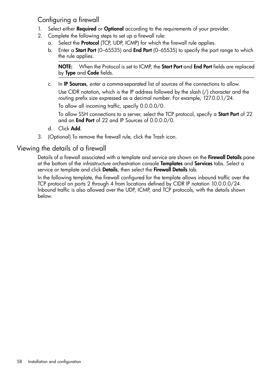 Viewing the details of a firewall, Configuring a firewall | HP Matrix Operating Environment Software User Manual | Page 58 / 264