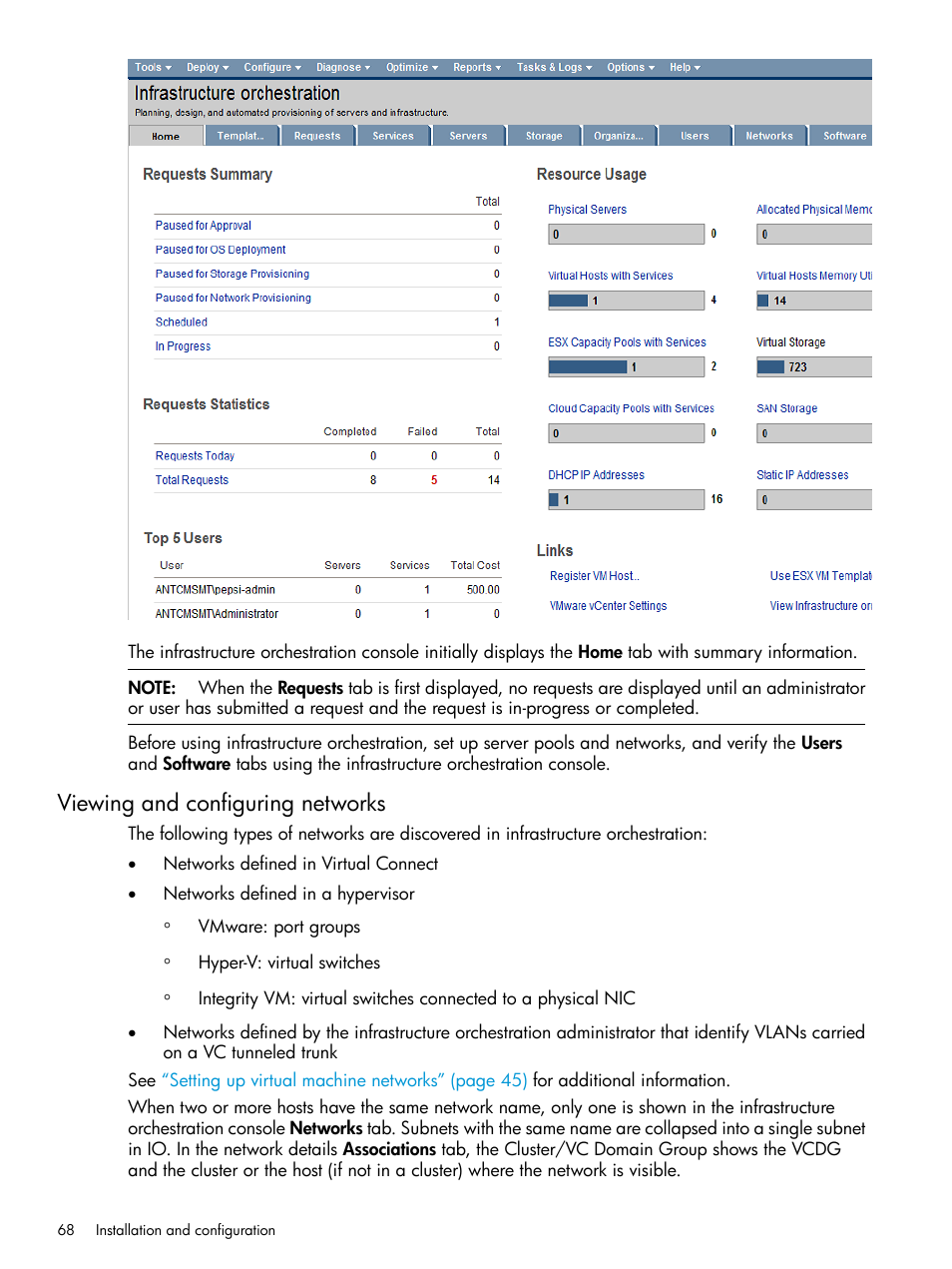 Viewing and configuring networks | HP Matrix Operating Environment Software User Manual | Page 68 / 264