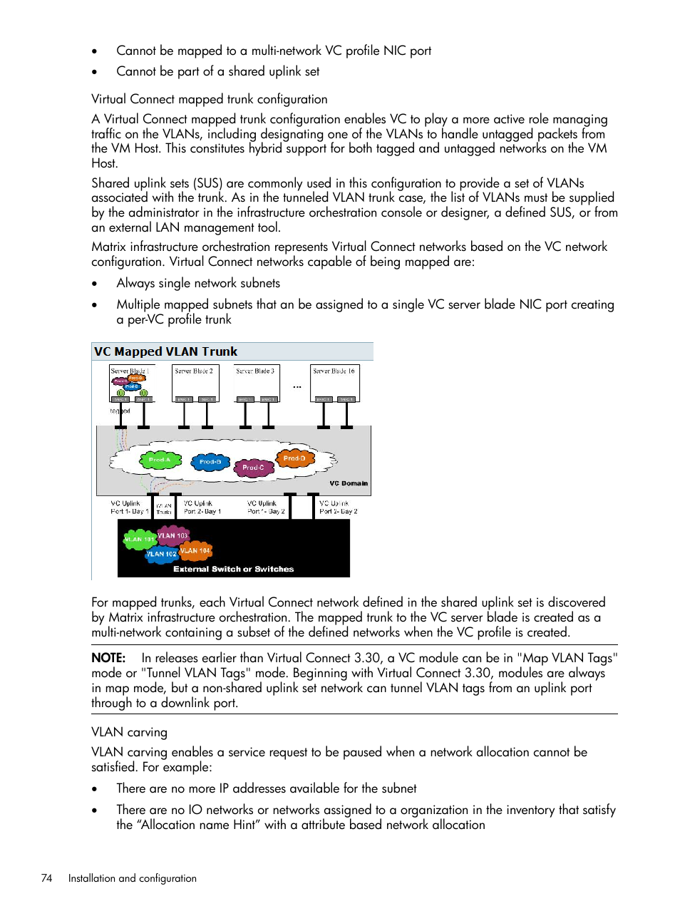 Virtual connect mapped trunk configuration, Vlan carving | HP Matrix Operating Environment Software User Manual | Page 74 / 264