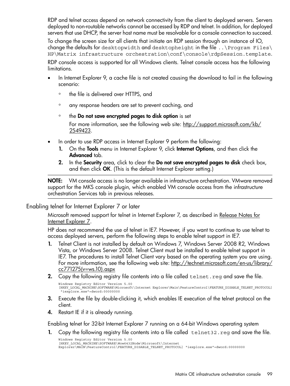 Enabling telnet for internet explorer 7 or later | HP Matrix Operating Environment Software User Manual | Page 99 / 264