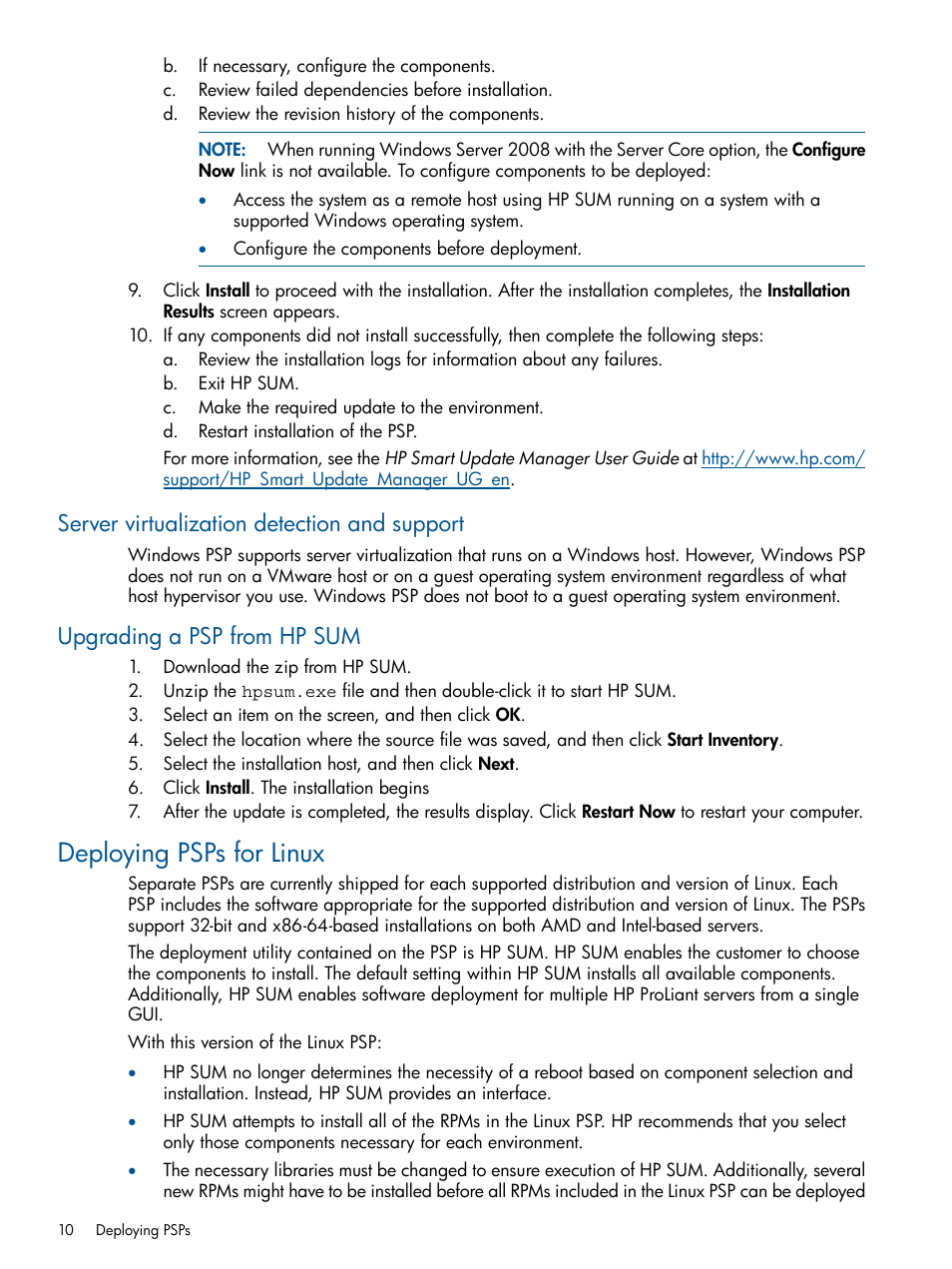 Server virtualization detection and support, Upgrading a psp from hp sum, Deploying psps for linux | HP ProLiant Support Pack (User Guide) User Manual | Page 10 / 51