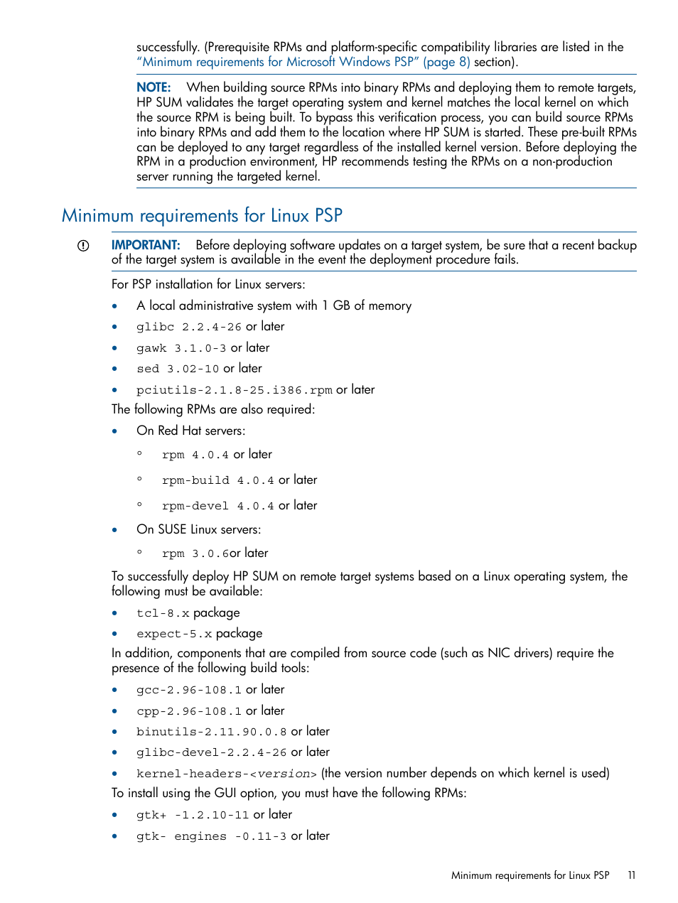 Minimum requirements for linux psp | HP ProLiant Support Pack (User Guide) User Manual | Page 11 / 51