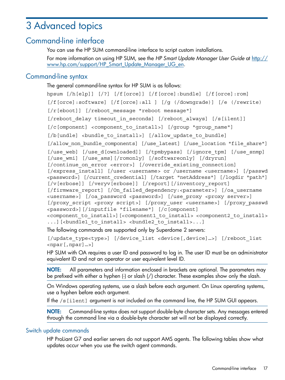 3 advanced topics, Command-line interface, Command-line syntax | Switch update commands | HP ProLiant Support Pack (User Guide) User Manual | Page 17 / 51