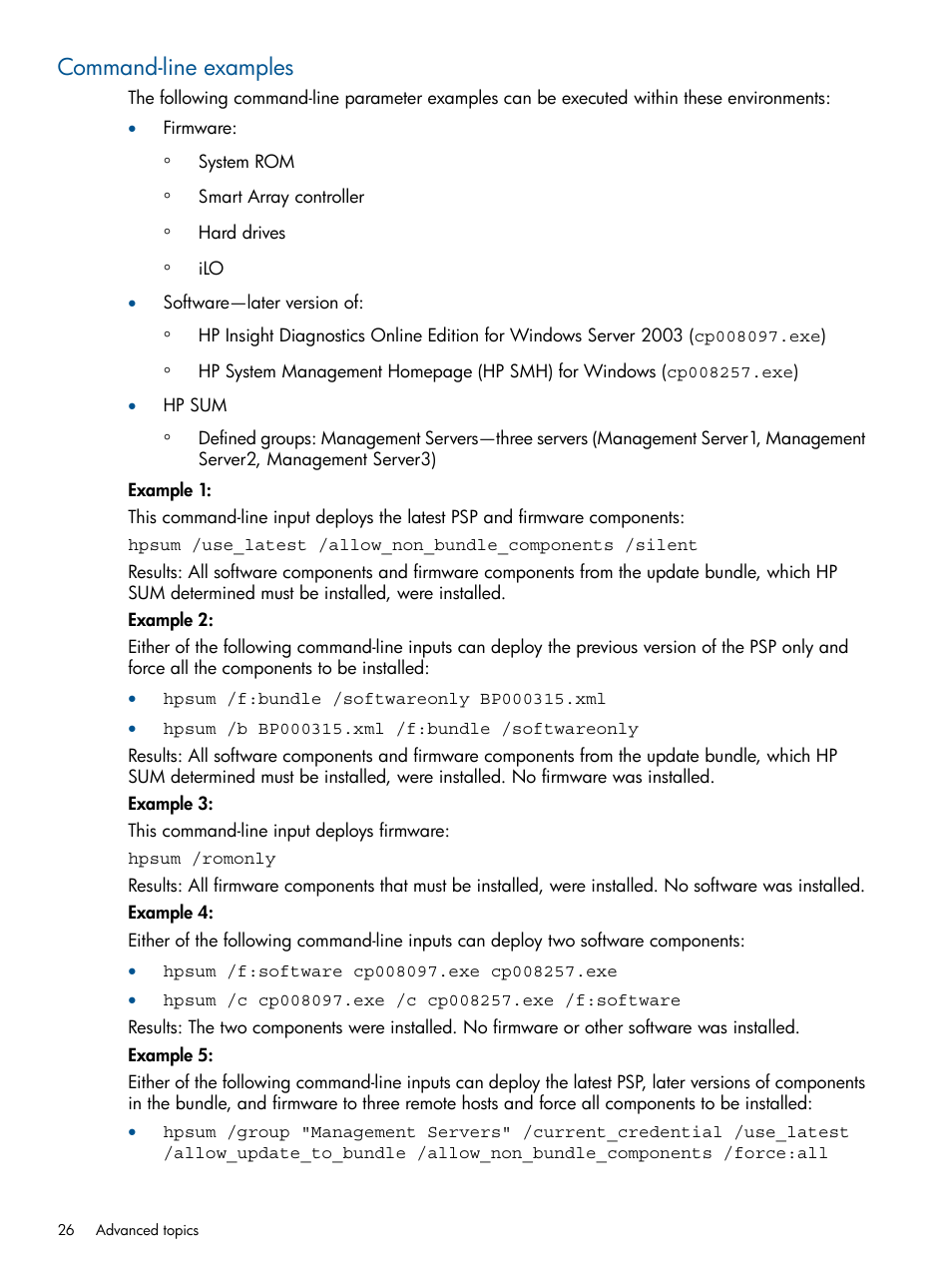 Command-line examples | HP ProLiant Support Pack (User Guide) User Manual | Page 26 / 51