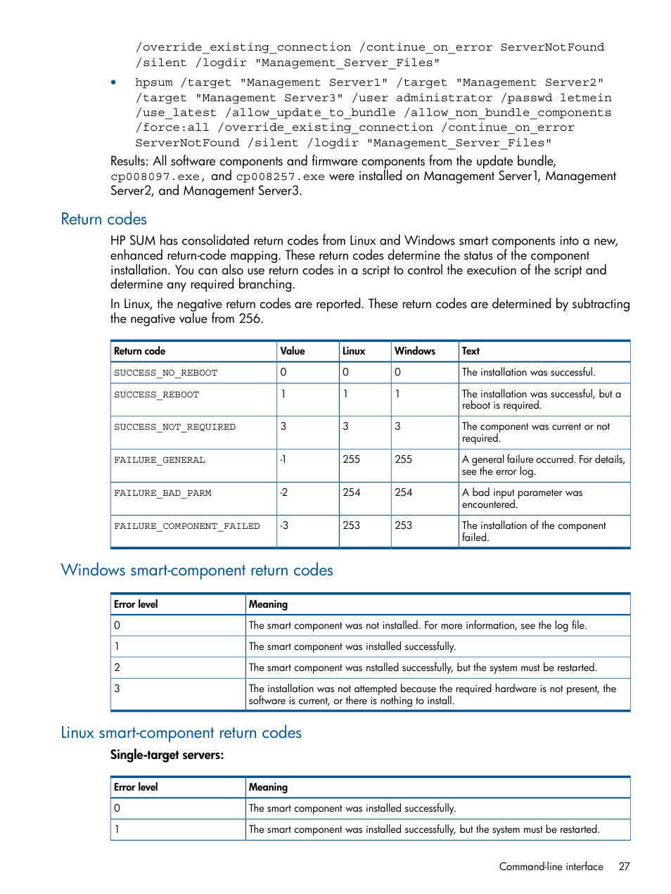 Return codes, Windows smart-component return codes, Linux smart-component return codes | HP ProLiant Support Pack (User Guide) User Manual | Page 27 / 51