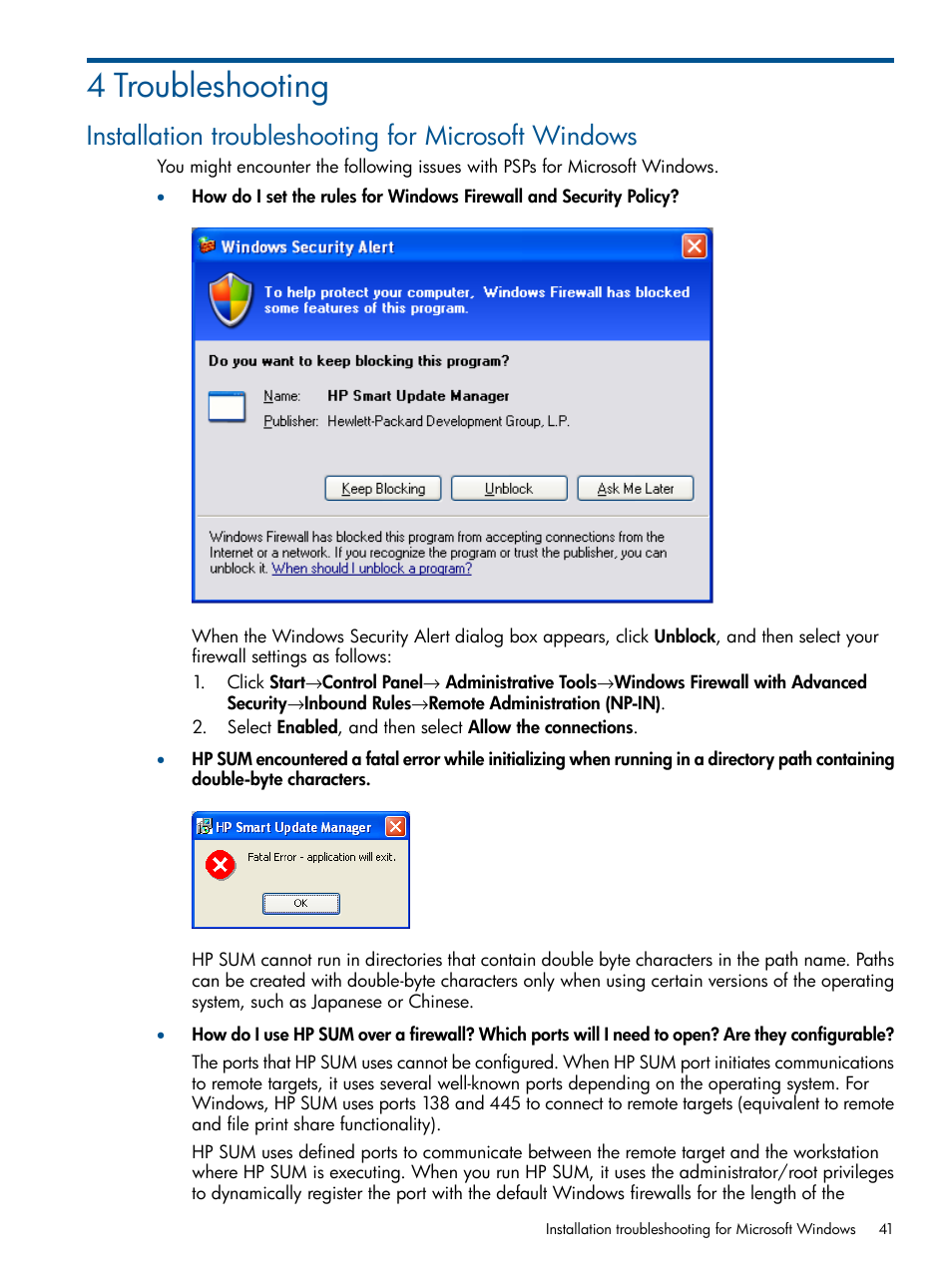 4 troubleshooting, Installation troubleshooting for microsoft windows | HP ProLiant Support Pack (User Guide) User Manual | Page 41 / 51