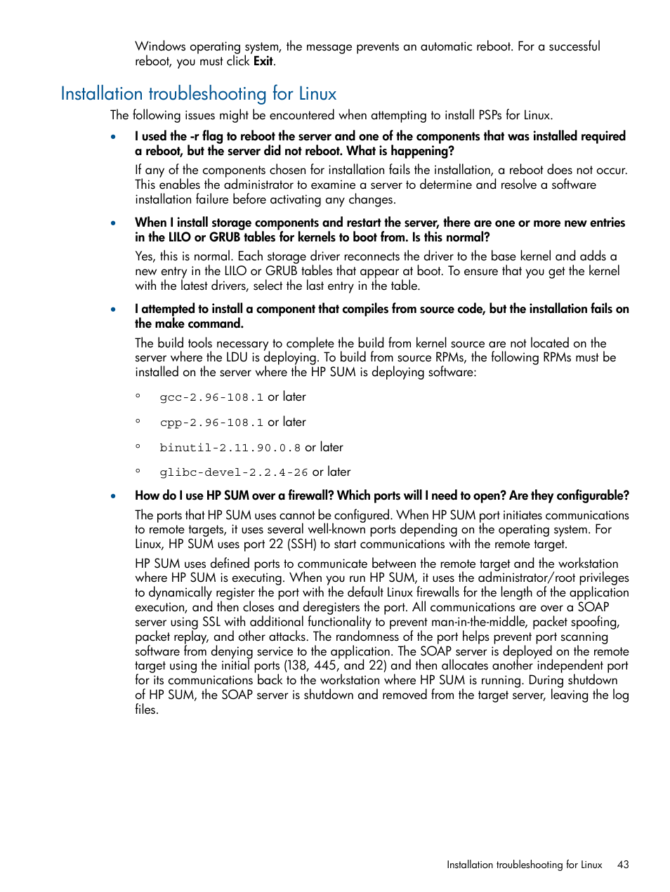 Installation troubleshooting for linux | HP ProLiant Support Pack (User Guide) User Manual | Page 43 / 51