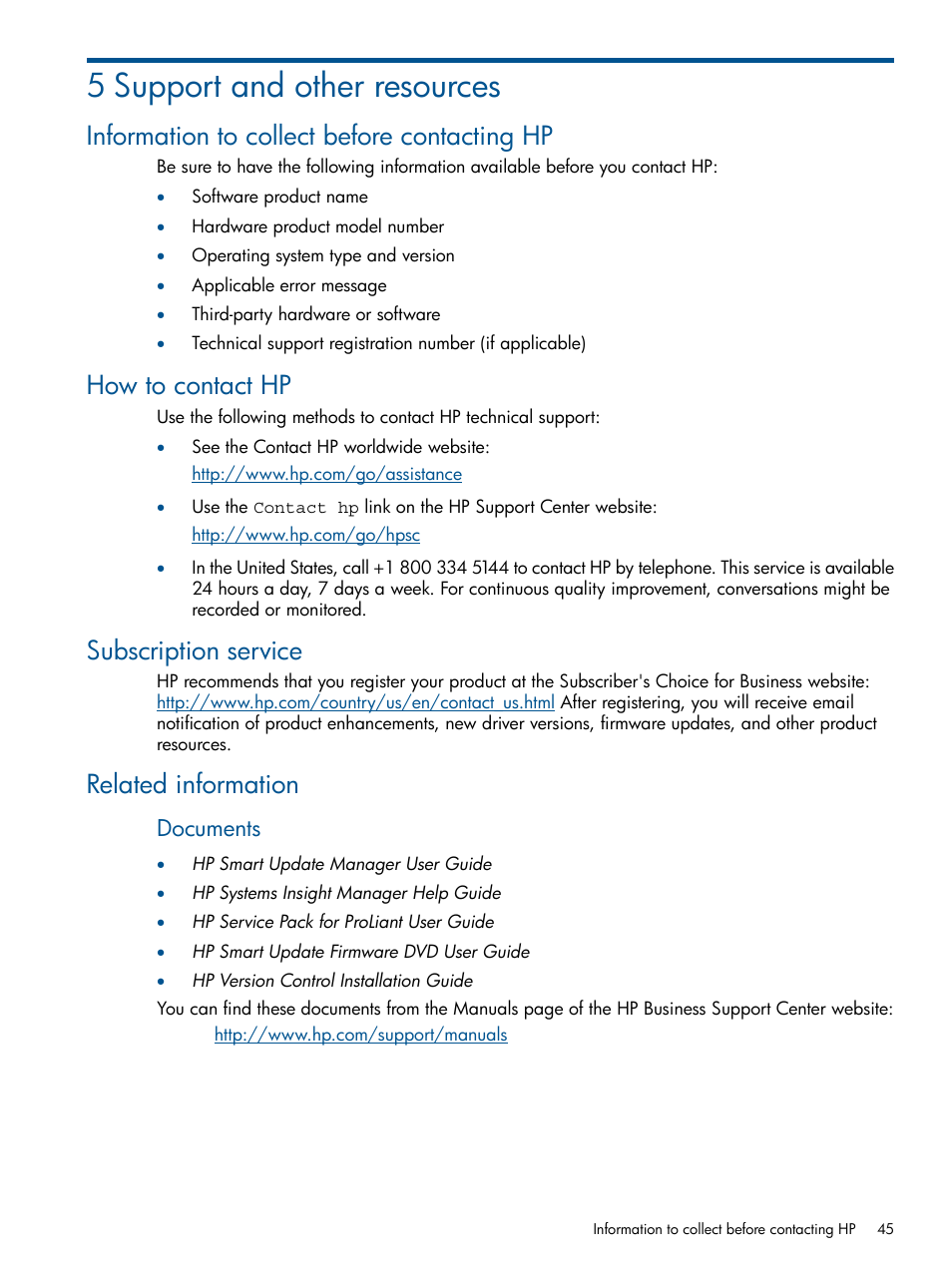 5 support and other resources, Information to collect before contacting hp, How to contact hp | Subscription service, Related information, Documents | HP ProLiant Support Pack (User Guide) User Manual | Page 45 / 51