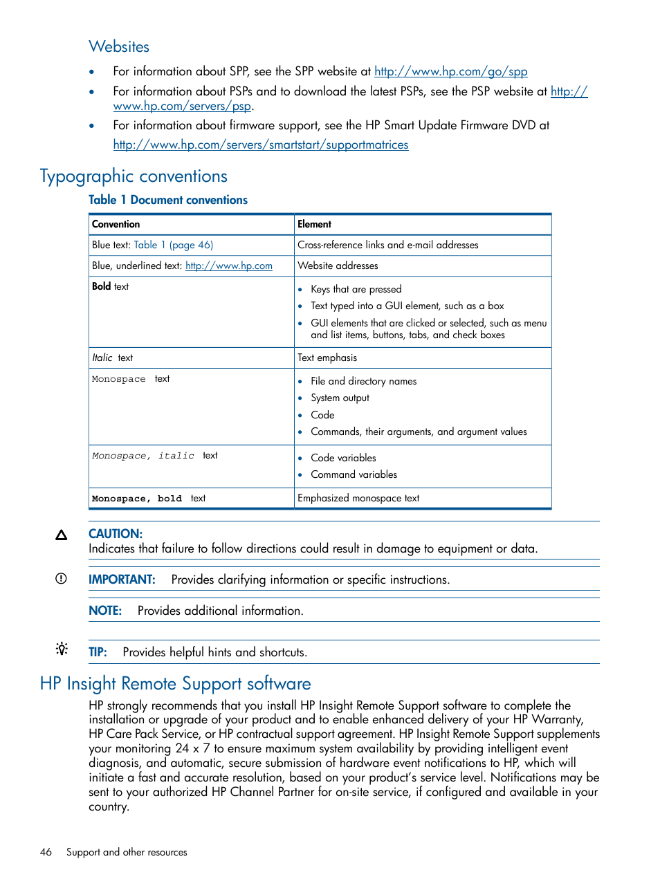 Typographic conventions, Hp insight remote support software, Websites | HP ProLiant Support Pack (User Guide) User Manual | Page 46 / 51