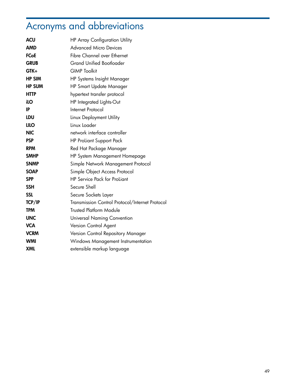 Acronyms and abbreviations | HP ProLiant Support Pack (User Guide) User Manual | Page 49 / 51