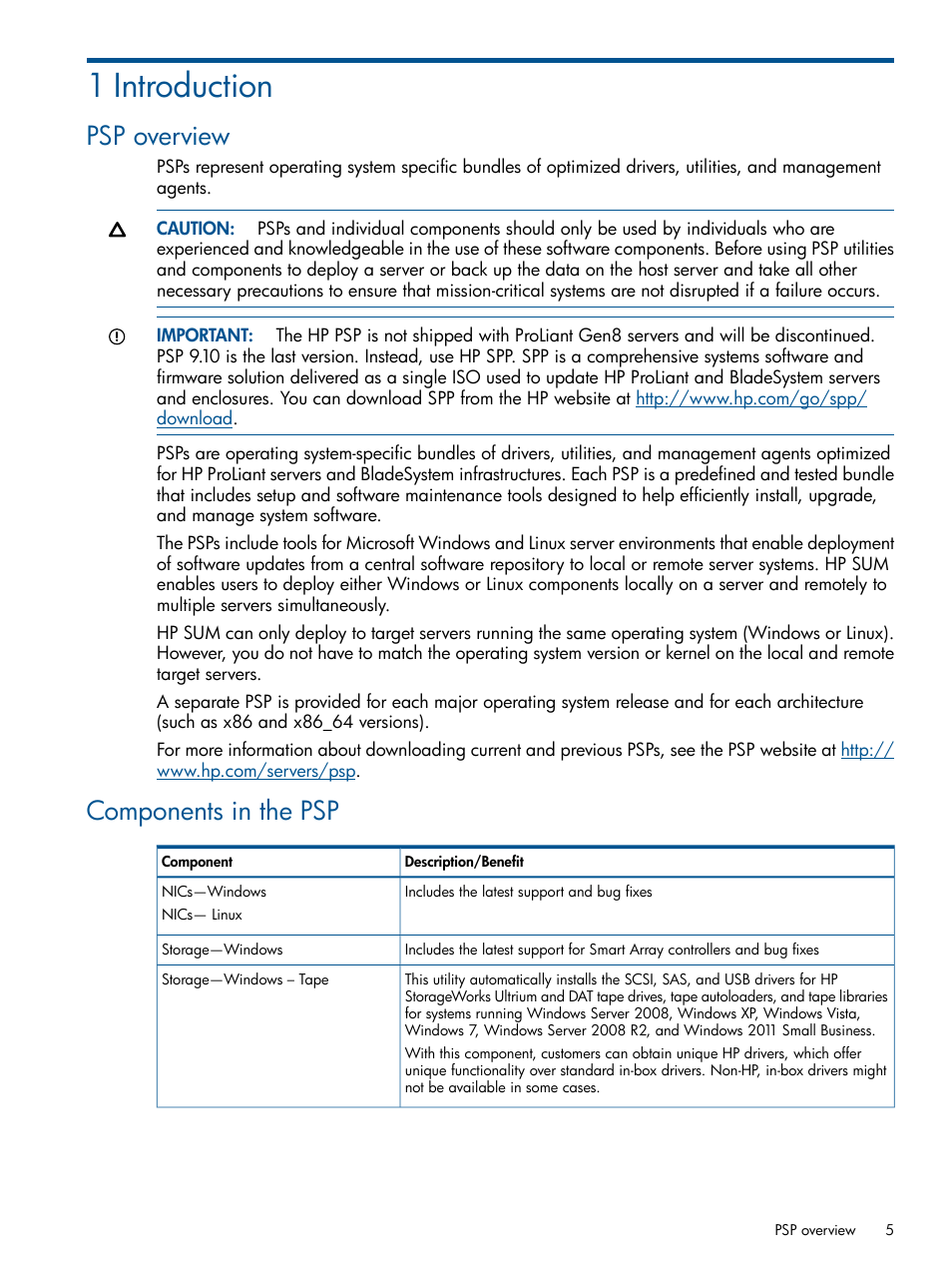 1 introduction, Psp overview, Components in the psp | Psp overview components in the psp | HP ProLiant Support Pack (User Guide) User Manual | Page 5 / 51