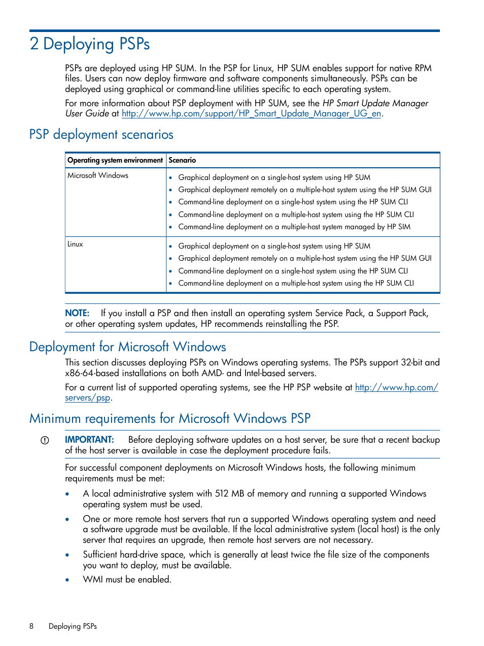 2 deploying psps, Psp deployment scenarios, Deployment for microsoft windows | Minimum requirements for microsoft windows psp | HP ProLiant Support Pack (User Guide) User Manual | Page 8 / 51