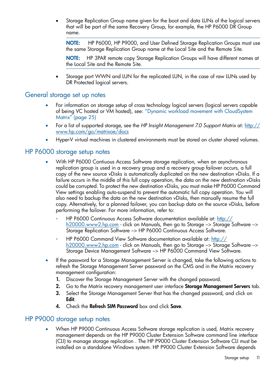 General storage set up notes, Hp p6000 storage setup notes, Hp p9000 storage setup notes | HP Matrix Operating Environment Software User Manual | Page 11 / 58