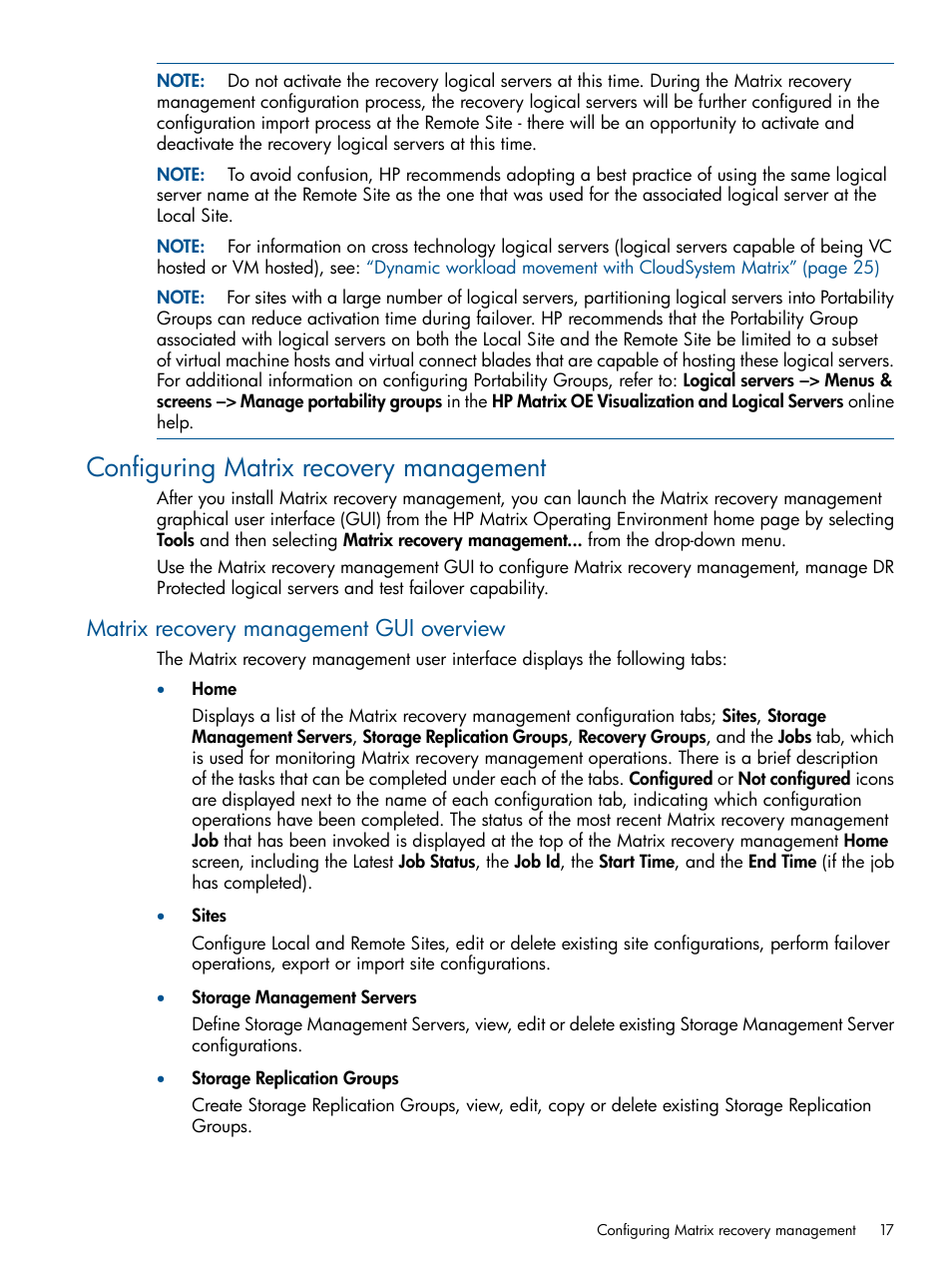 Configuring matrix recovery management, Matrix recovery management gui overview | HP Matrix Operating Environment Software User Manual | Page 17 / 58