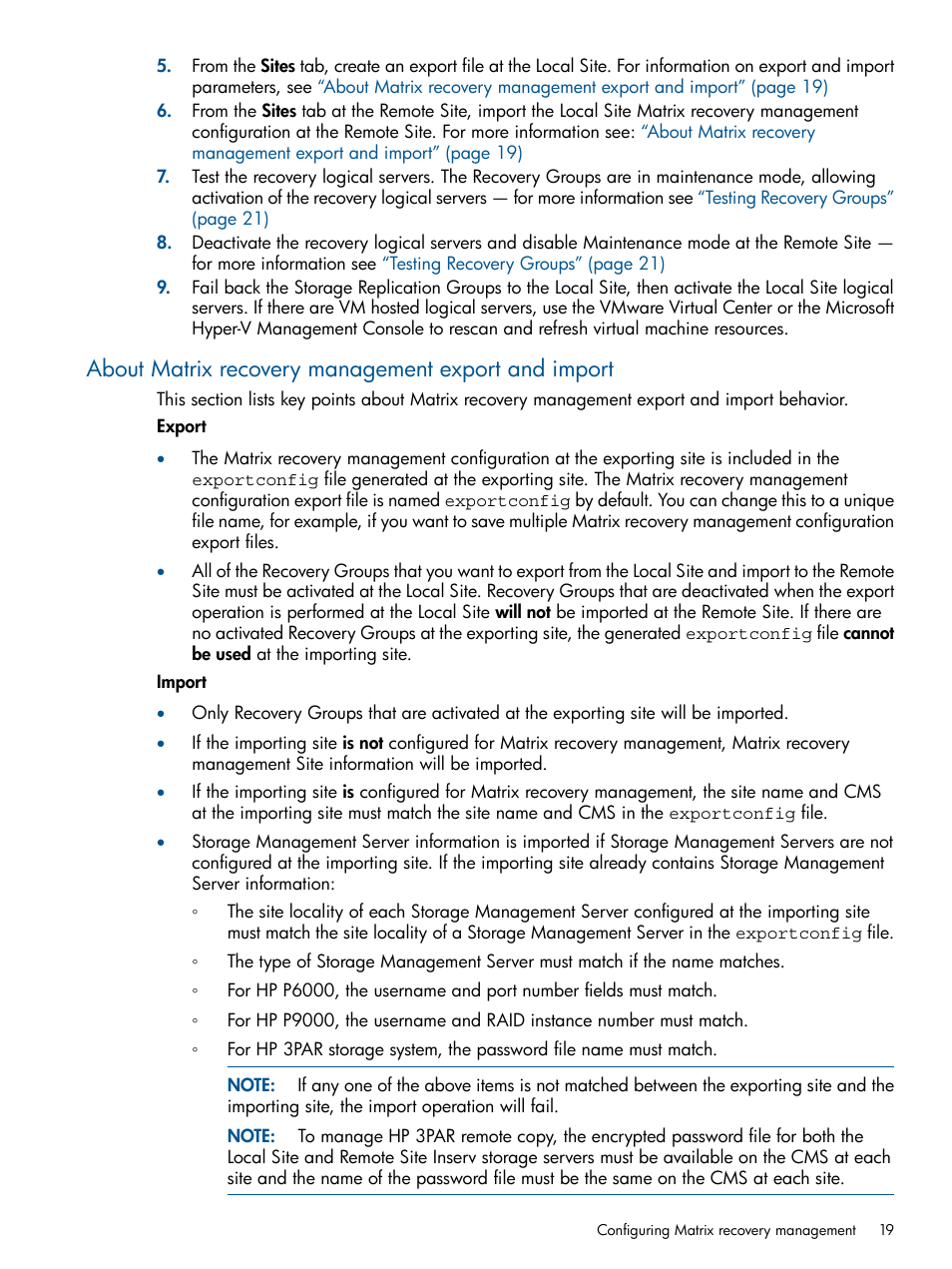 About matrix recovery management export and import | HP Matrix Operating Environment Software User Manual | Page 19 / 58