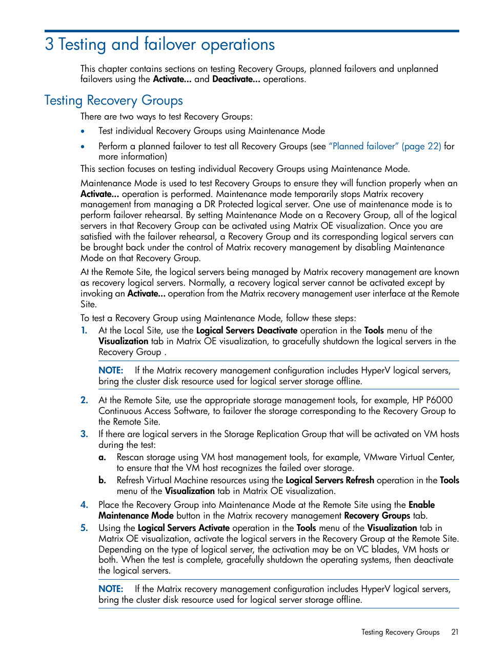 3 testing and failover operations, Testing recovery groups | HP Matrix Operating Environment Software User Manual | Page 21 / 58
