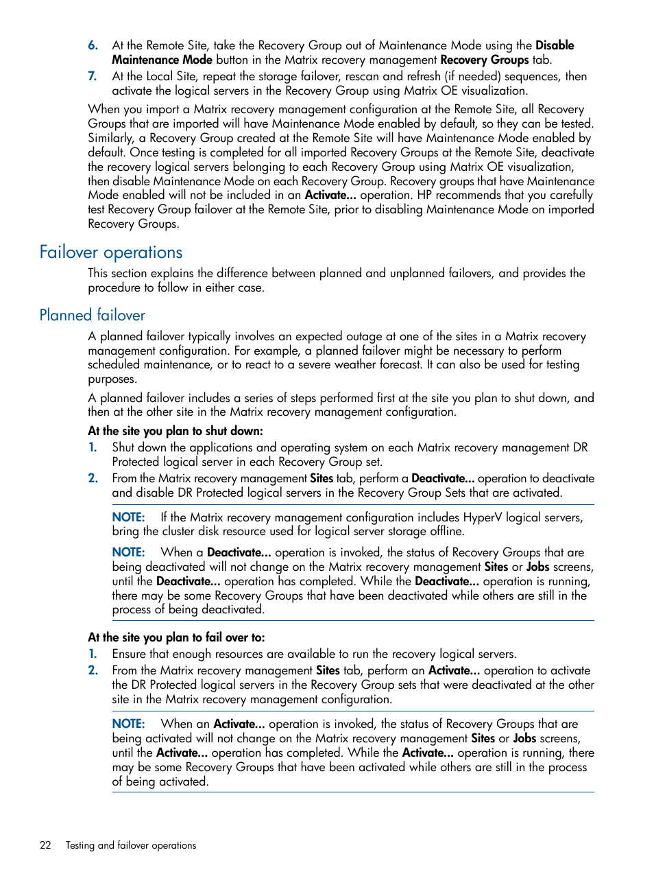 Failover operations, Planned failover | HP Matrix Operating Environment Software User Manual | Page 22 / 58