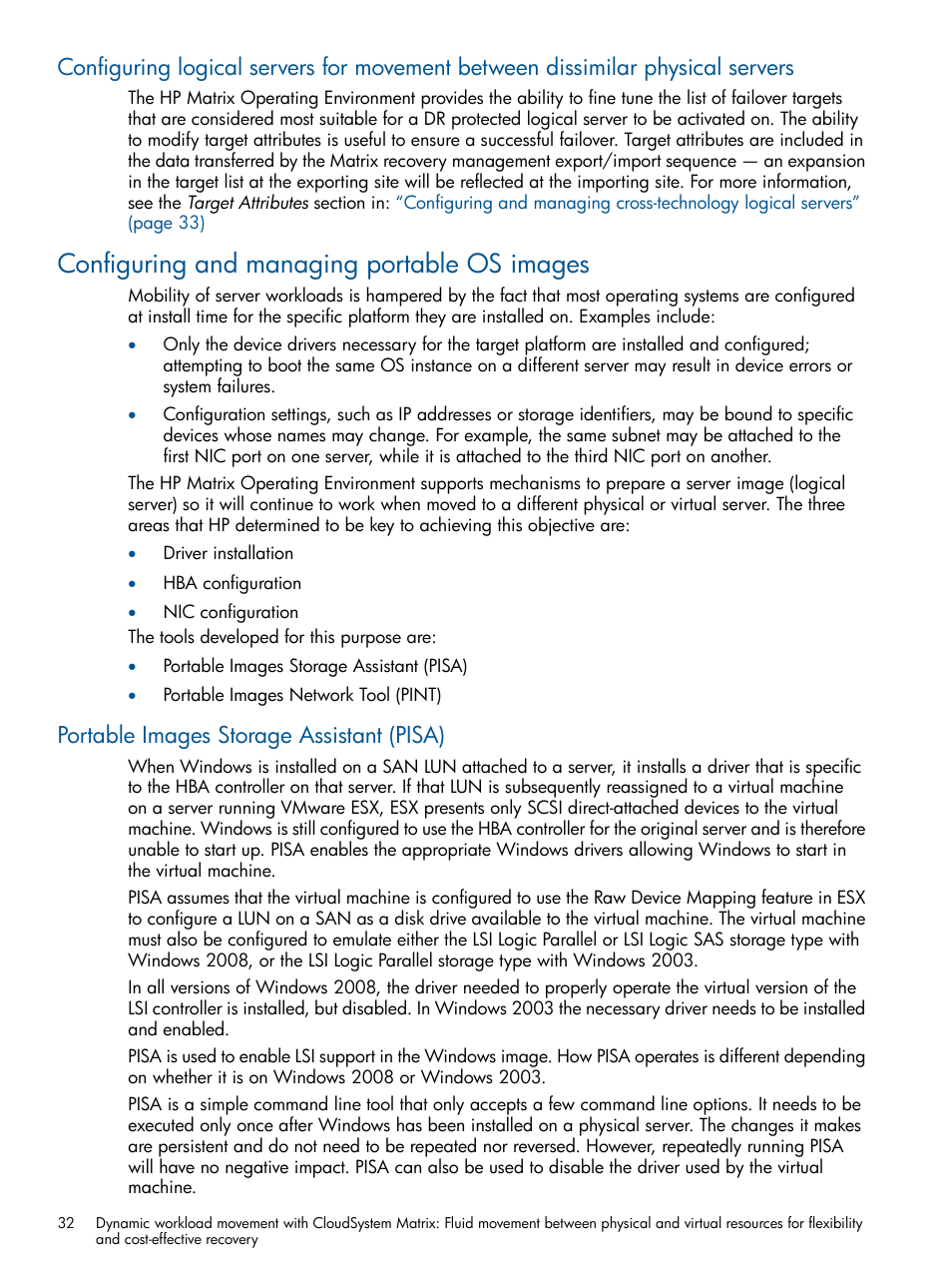 Configuring and managing portable os images, Portable images storage assistant (pisa), Portable | HP Matrix Operating Environment Software User Manual | Page 32 / 58
