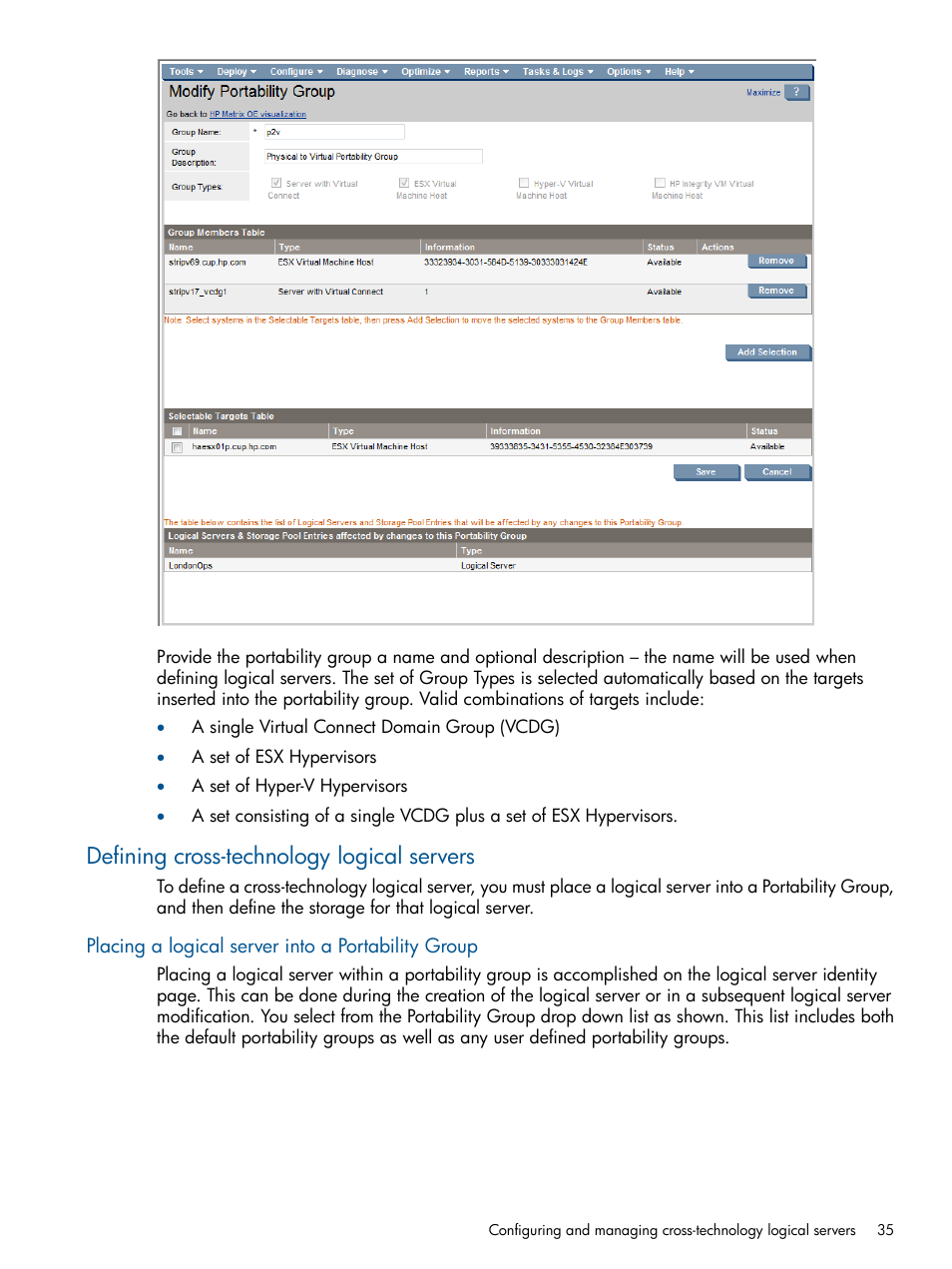 Defining cross-technology logical servers, Placing a logical server into a portability group | HP Matrix Operating Environment Software User Manual | Page 35 / 58