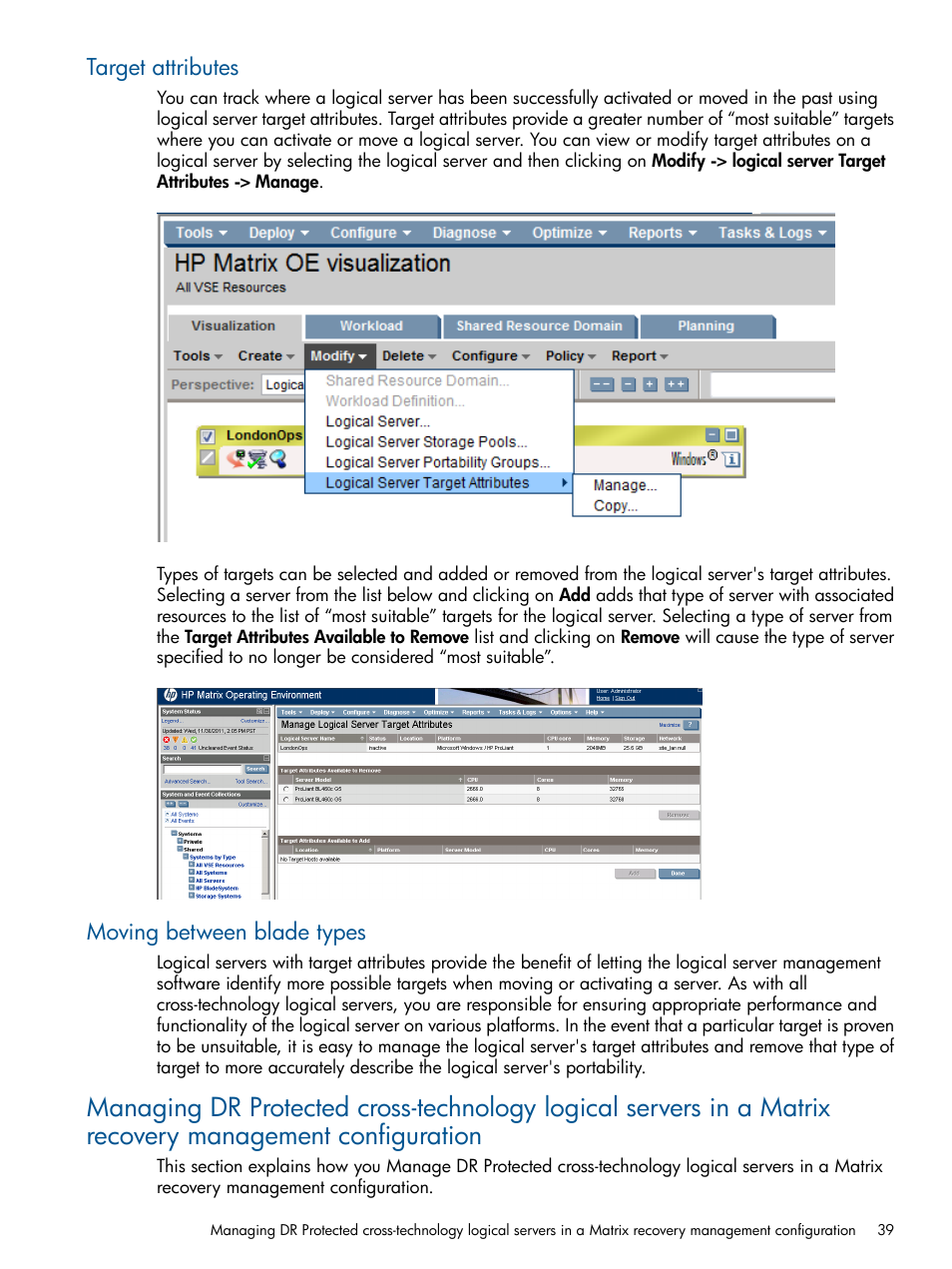 Target attributes, Moving between blade types, Target attributes moving between blade types | HP Matrix Operating Environment Software User Manual | Page 39 / 58