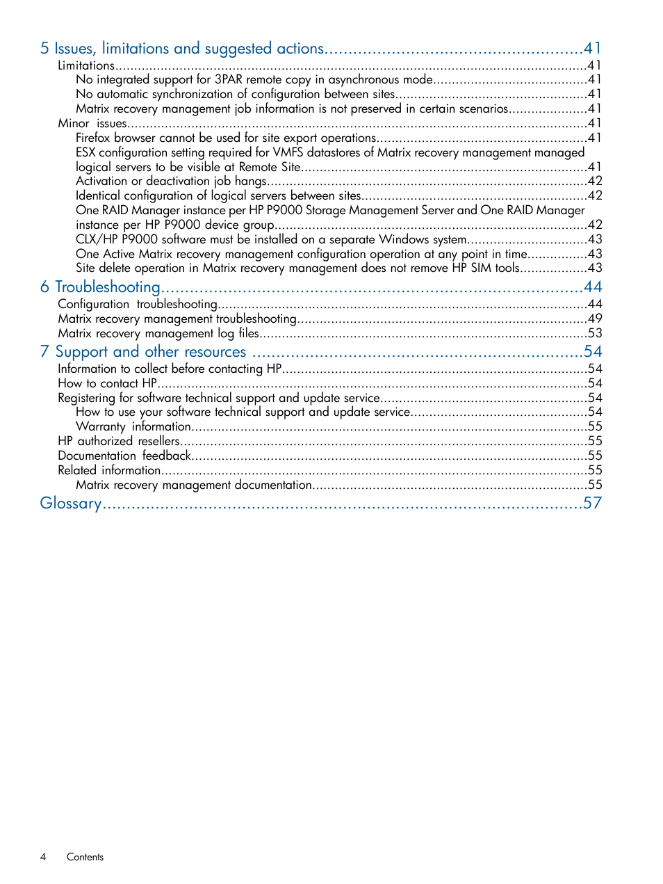 5 issues, limitations and suggested actions, 6 troubleshooting, 7 support and other resources | Glossary | HP Matrix Operating Environment Software User Manual | Page 4 / 58
