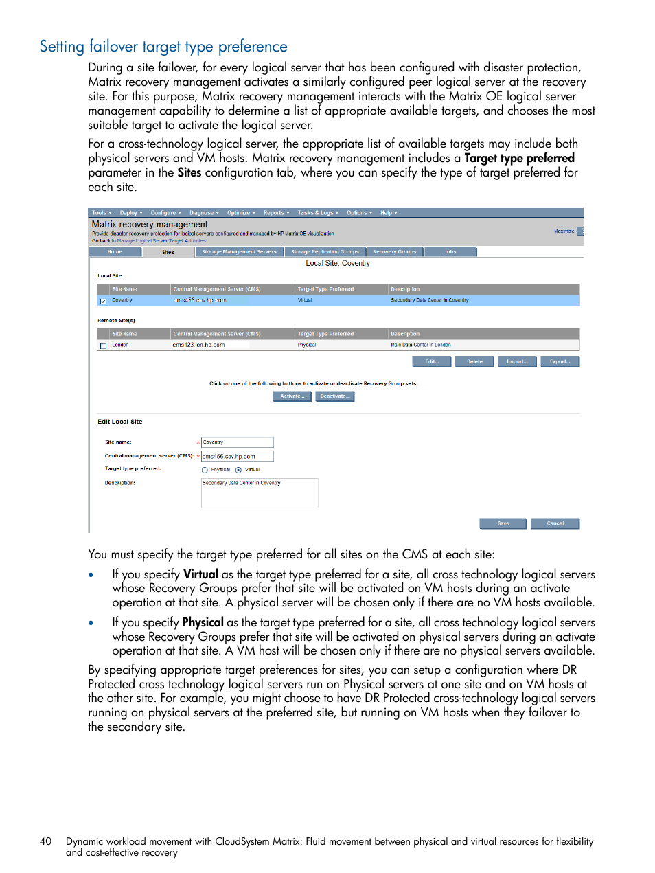 Setting failover target type preference | HP Matrix Operating Environment Software User Manual | Page 40 / 58
