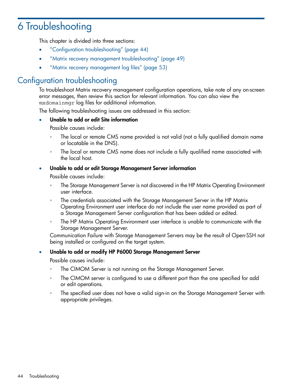 6 troubleshooting, Configuration troubleshooting | HP Matrix Operating Environment Software User Manual | Page 44 / 58