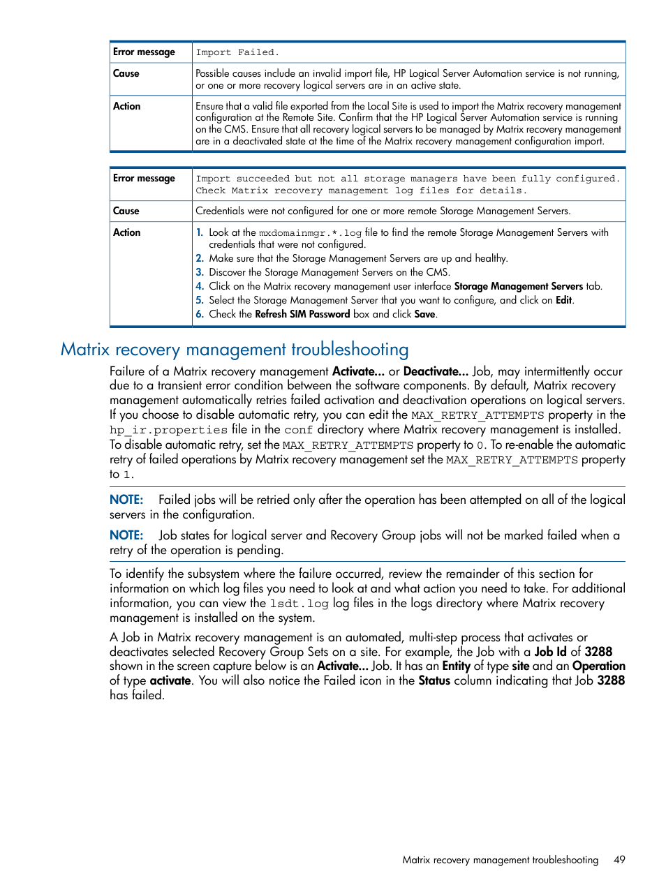 Matrix recovery management troubleshooting | HP Matrix Operating Environment Software User Manual | Page 49 / 58