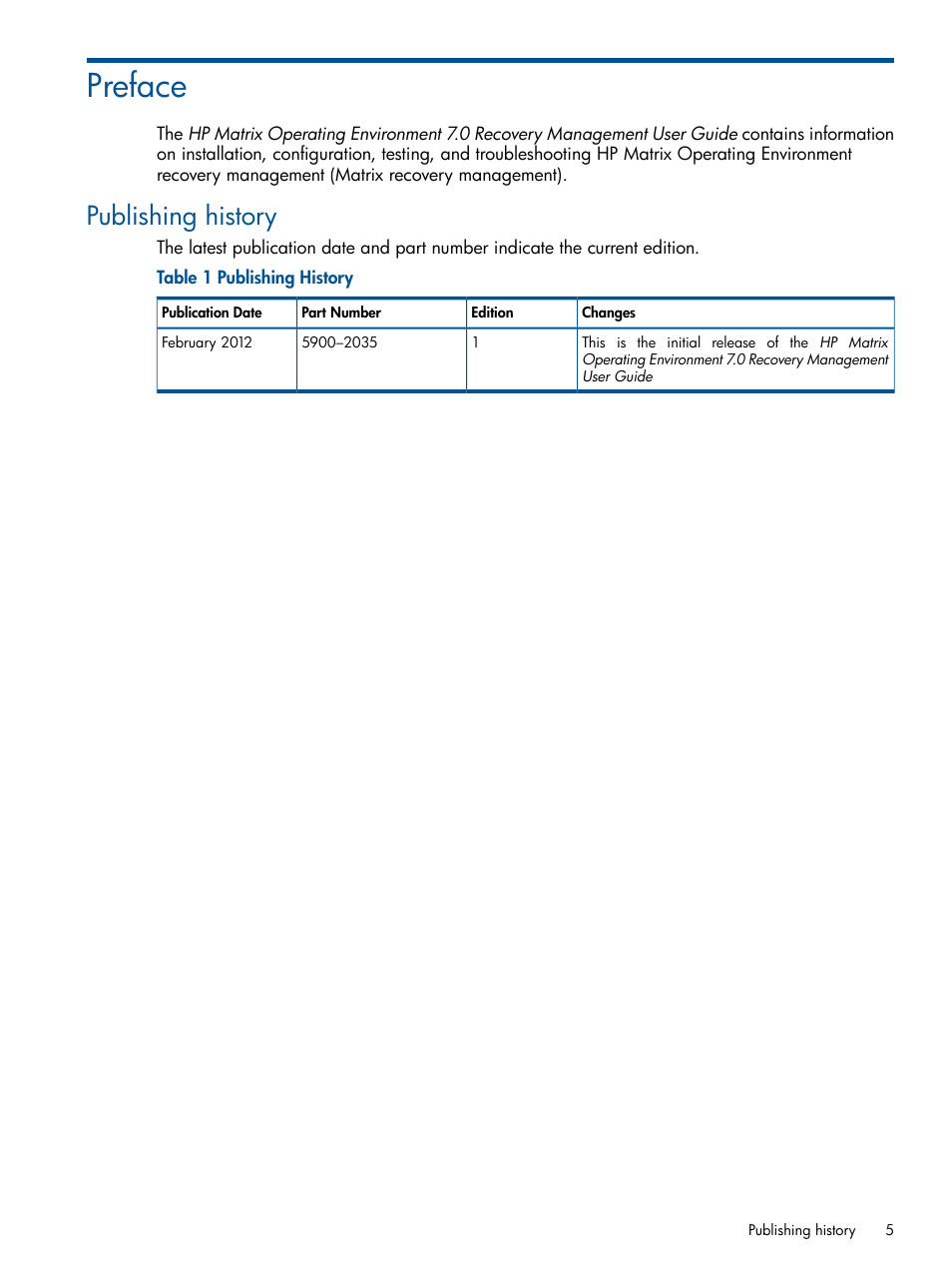 Preface, Publishing history | HP Matrix Operating Environment Software User Manual | Page 5 / 58