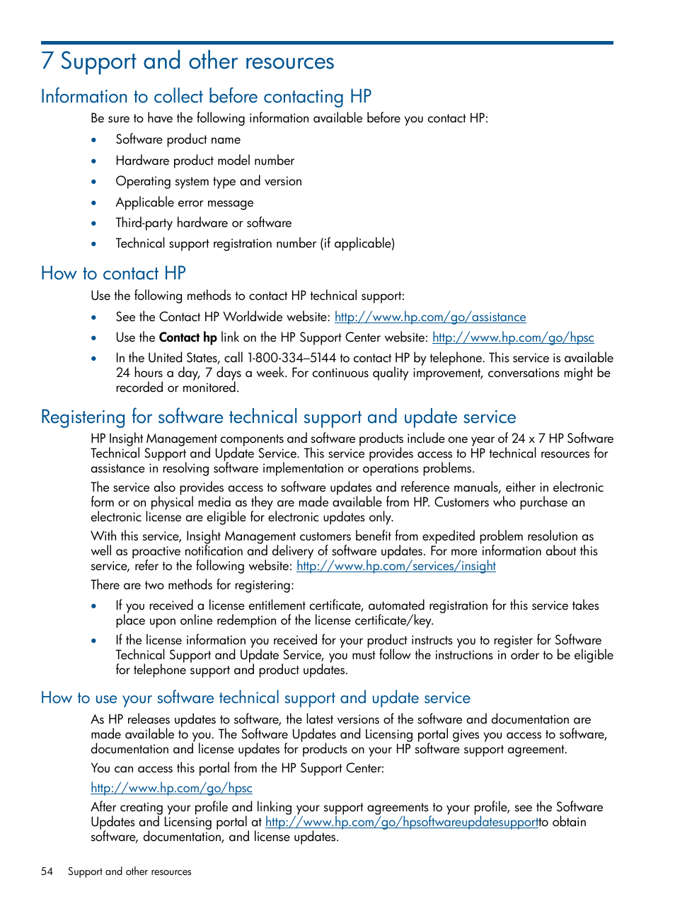 7 support and other resources, Information to collect before contacting hp, How to contact hp | HP Matrix Operating Environment Software User Manual | Page 54 / 58