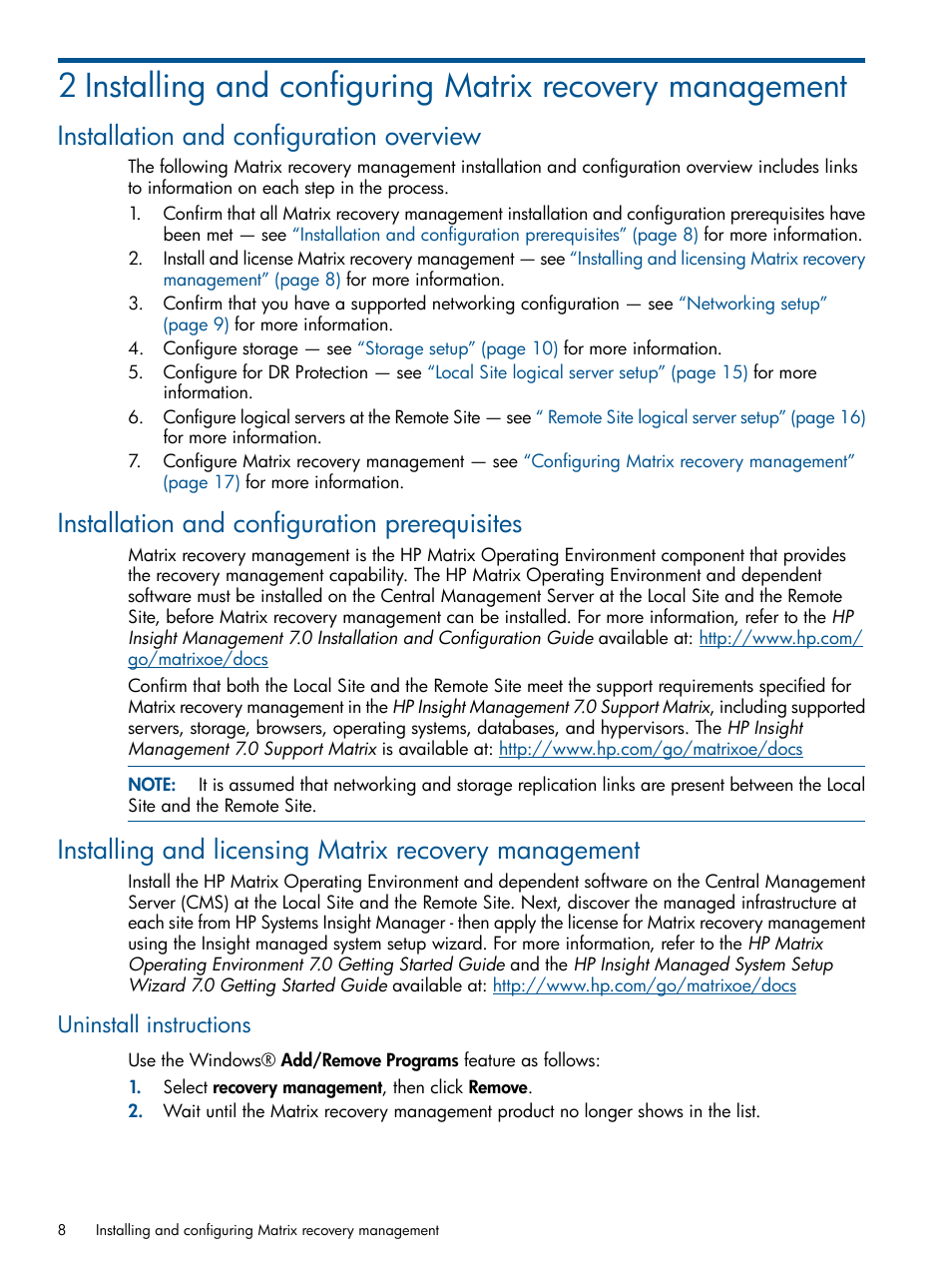 Installation and configuration overview, Installation and configuration prerequisites, Uninstall instructions | HP Matrix Operating Environment Software User Manual | Page 8 / 58