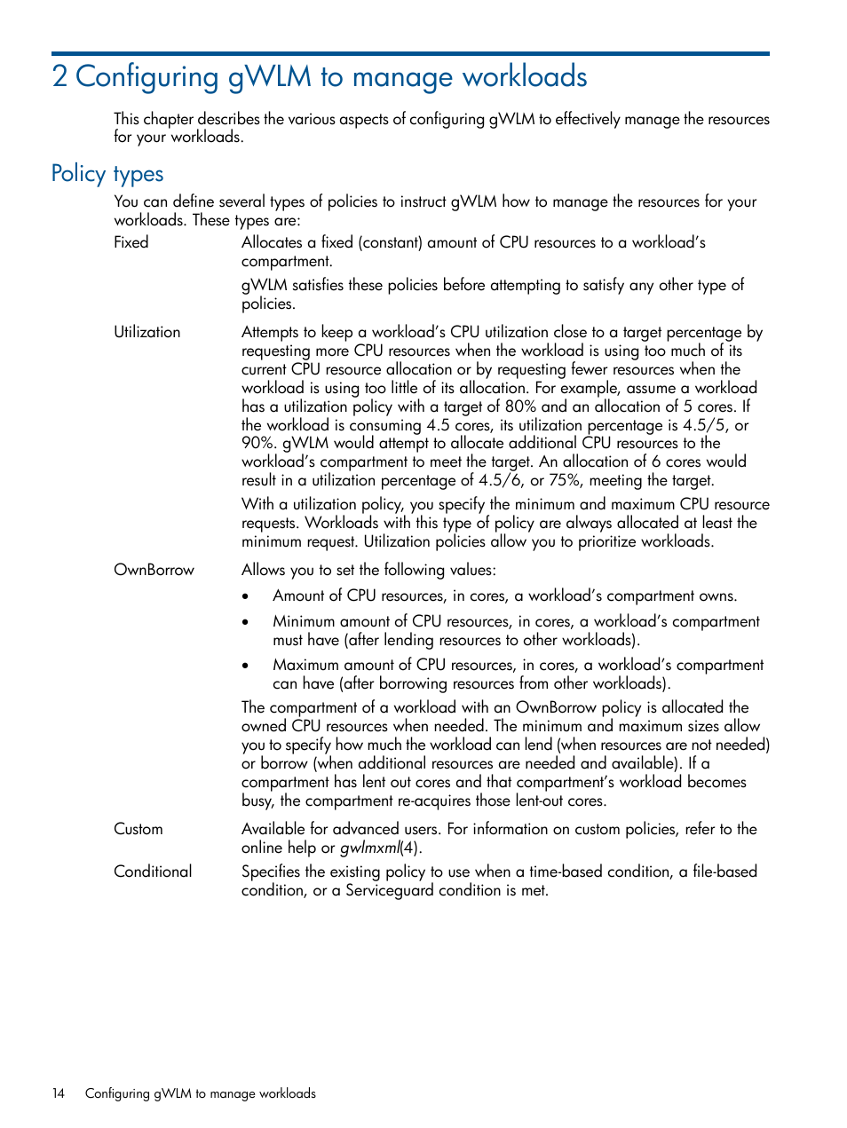 2 configuring gwlm to manage workloads, Policy types | HP Matrix Operating Environment Software User Manual | Page 14 / 67