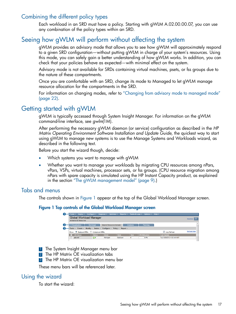 Combining the different policy types, Getting started with gwlm, Tabs and menus | Using the wizard, Tabs and menus using the wizard | HP Matrix Operating Environment Software User Manual | Page 17 / 67
