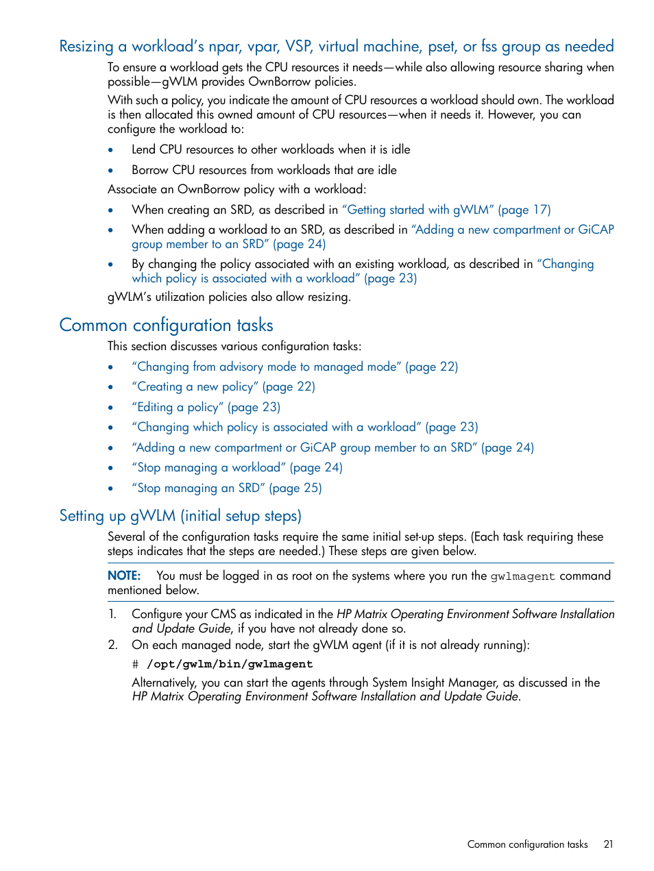 Common configuration tasks, Setting up gwlm (initial setup steps) | HP Matrix Operating Environment Software User Manual | Page 21 / 67