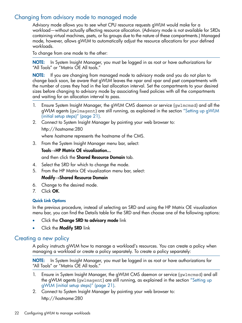 Changing from advisory mode to managed mode, Creating a new policy | HP Matrix Operating Environment Software User Manual | Page 22 / 67