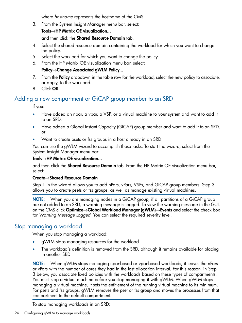 Stop managing a workload, Adding a new compartment or gicap | HP Matrix Operating Environment Software User Manual | Page 24 / 67