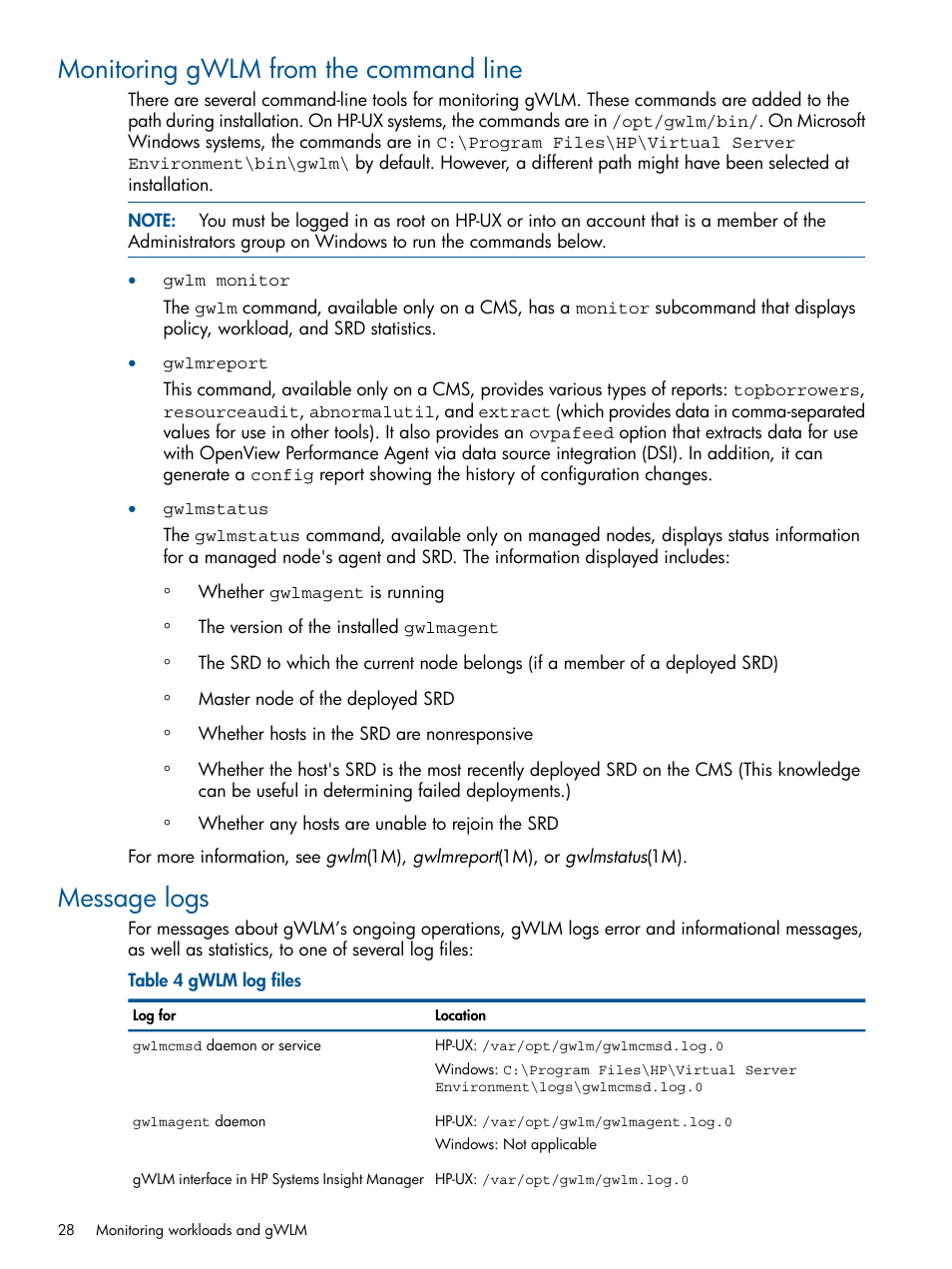 Monitoring gwlm from the command line, Message logs, Monitoring gwlm from the command line message logs | HP Matrix Operating Environment Software User Manual | Page 28 / 67