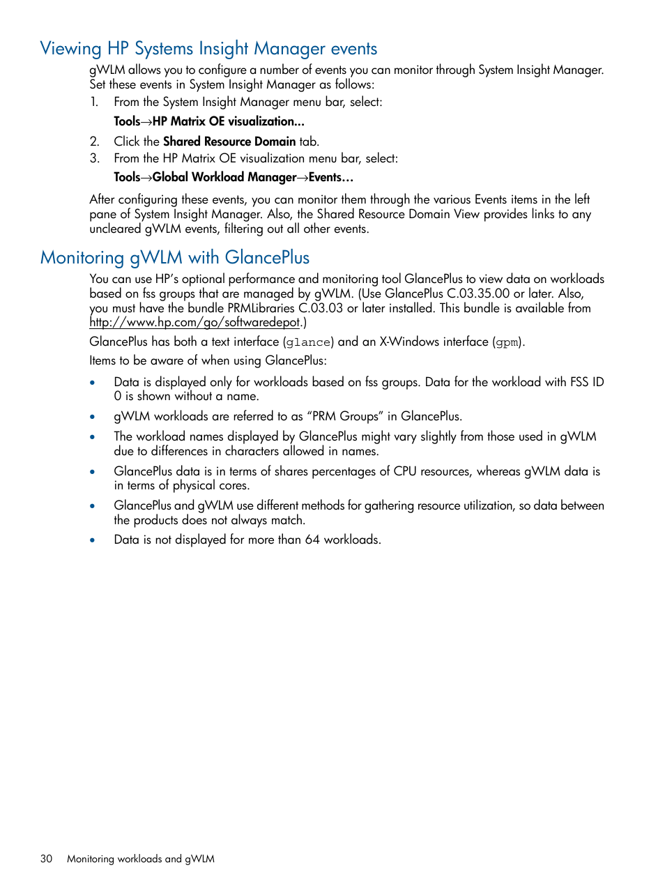 Viewing hp systems insight manager events, Monitoring gwlm with glanceplus | HP Matrix Operating Environment Software User Manual | Page 30 / 67