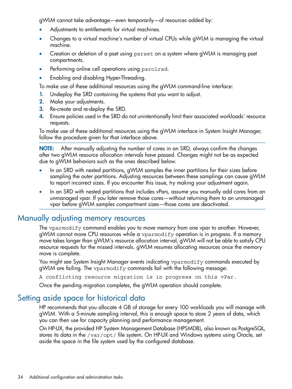 Manually adjusting memory resources, Setting aside space for historical data | HP Matrix Operating Environment Software User Manual | Page 34 / 67
