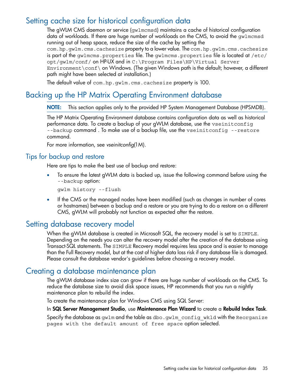 Tips for backup and restore, Setting database recovery model, Creating a database maintenance plan | HP Matrix Operating Environment Software User Manual | Page 35 / 67