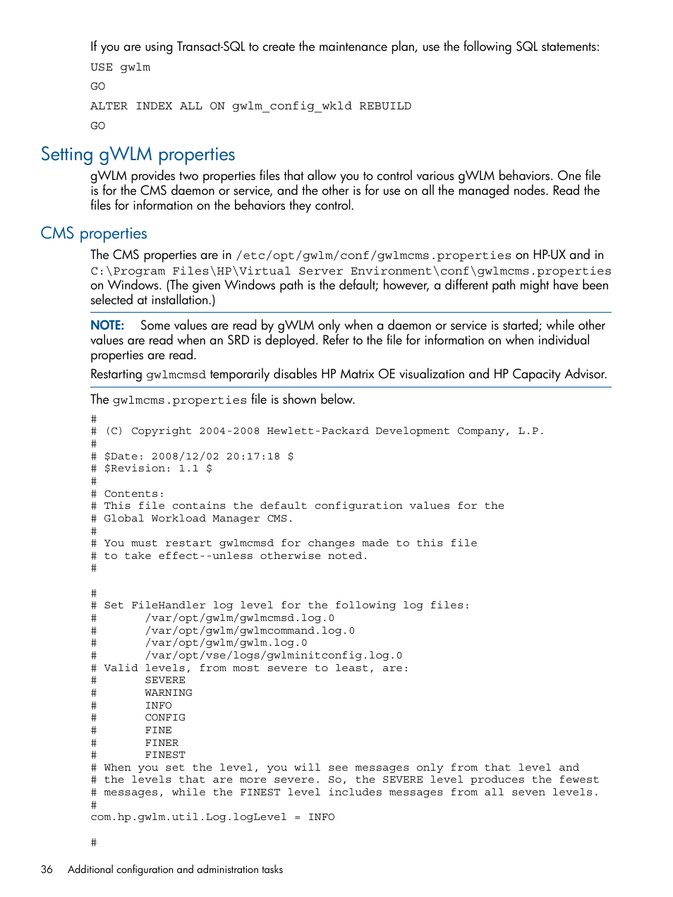 Setting gwlm properties, Cms properties | HP Matrix Operating Environment Software User Manual | Page 36 / 67