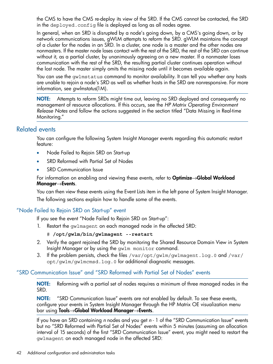 Related events, Node failed to rejoin srd on start-up” event | HP Matrix Operating Environment Software User Manual | Page 42 / 67